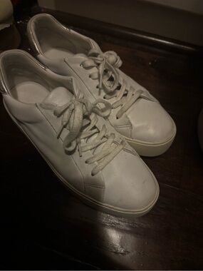 Vince Platform Classic White Leather Sneakers with Silver Heel Accent